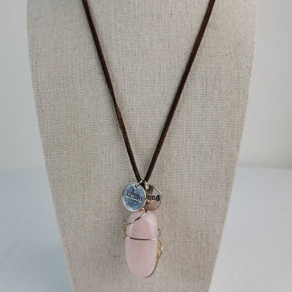 Large Rose Quartz Pendant Brown Leather Cord Necklace 20 In "Brave,Strong" Charm - Picture 2 of 8